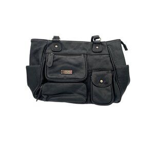 MultiSac Black Faux Leather Multi-Pocket Shoulder Bag With Adjustable Straps